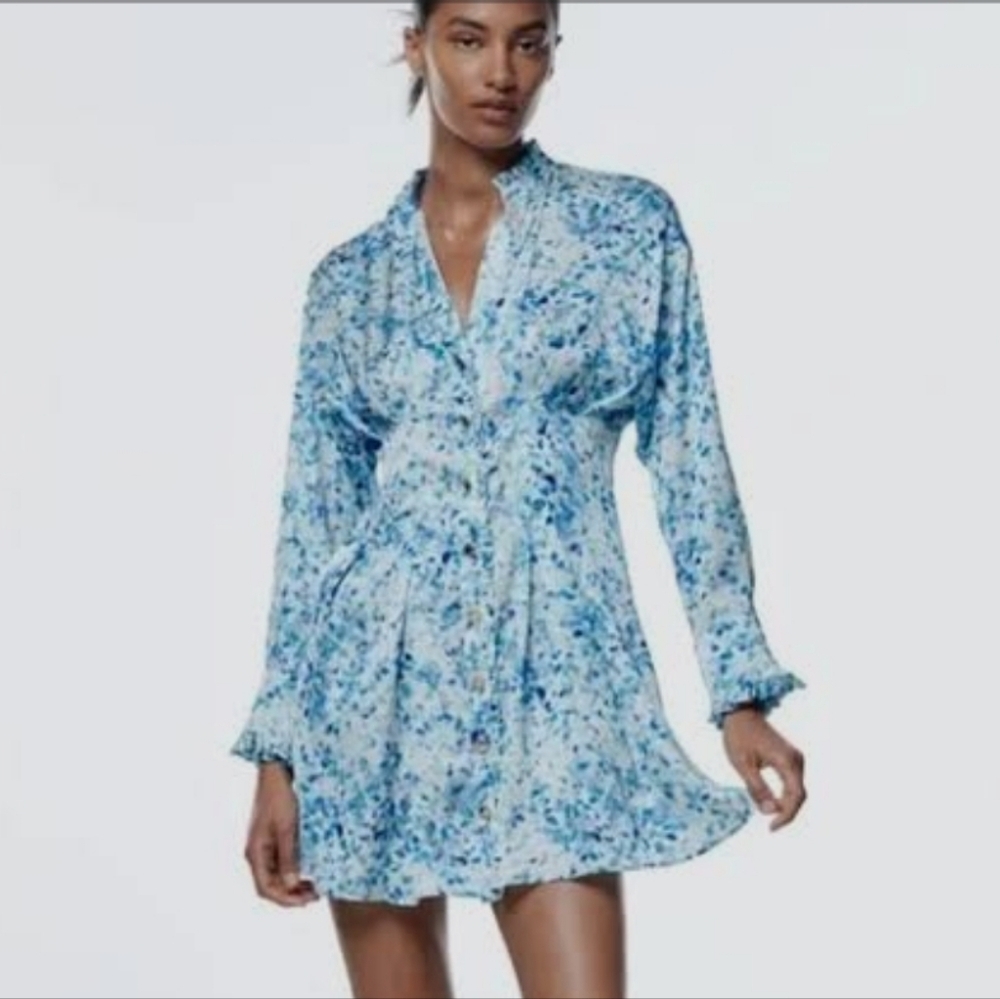 Zara Blue Floral Long Sleeve Mini Dress